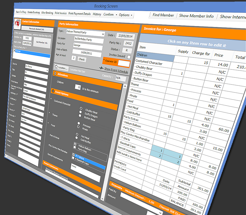 The booking screen with an invoice generator