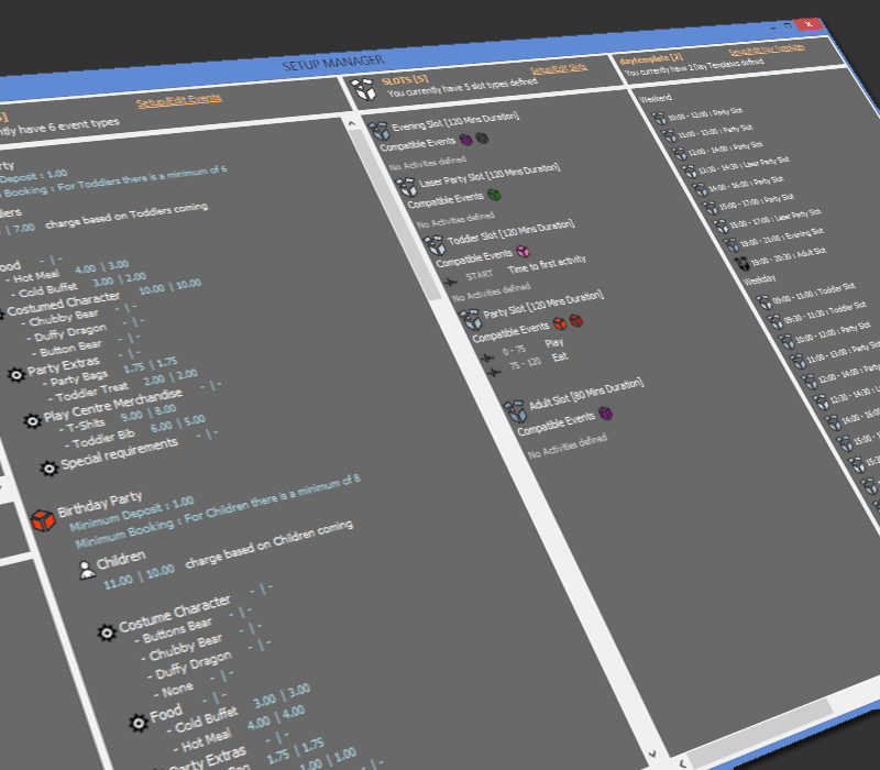 The Party booking system setup manager control panel